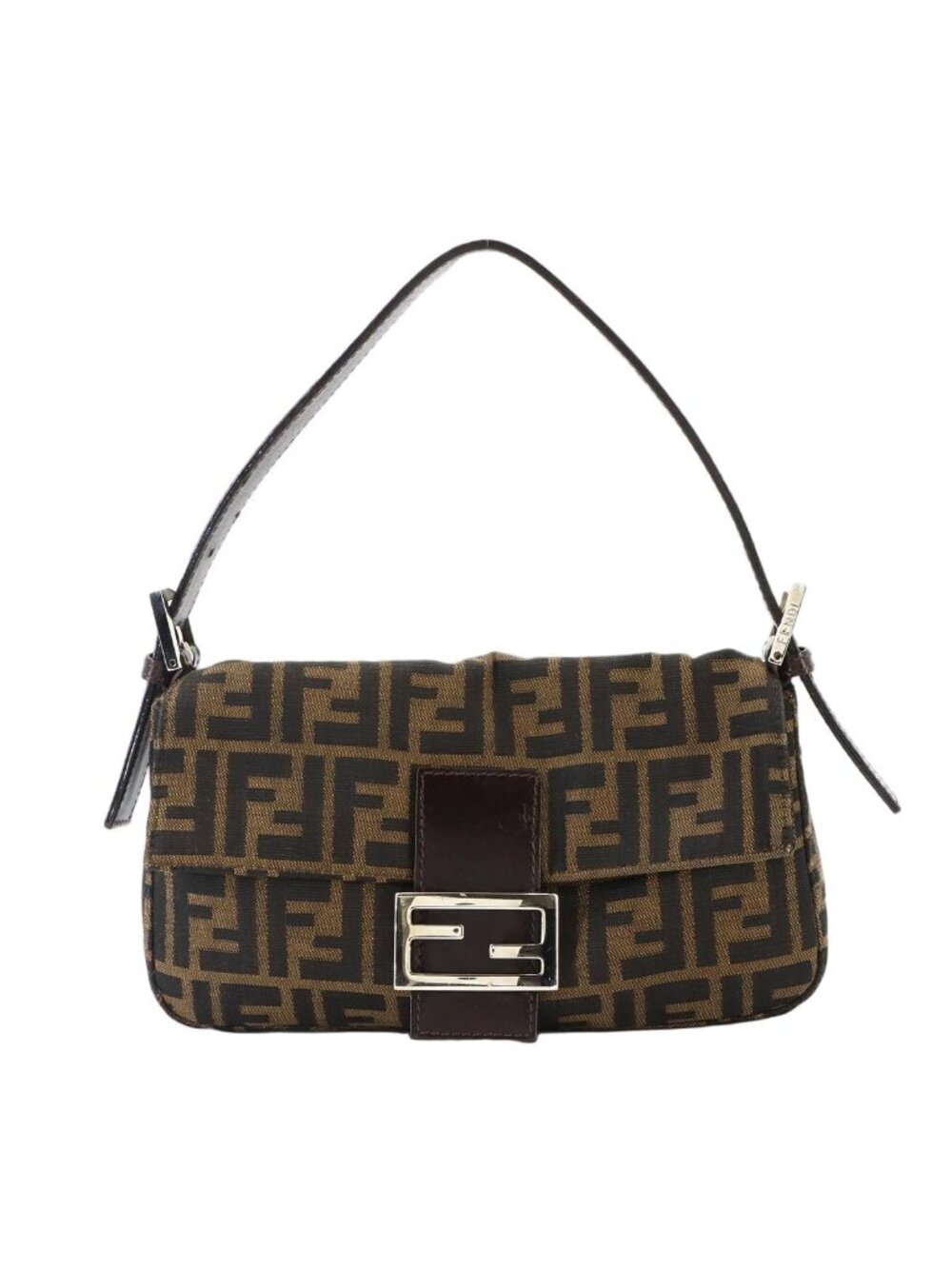 Fendi Zucca Mamma Baguette Shoulder Bag Canvas Leather Brown Silver